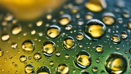 Close-up macro photo of water droplets on a green and gold surface, reflecting light