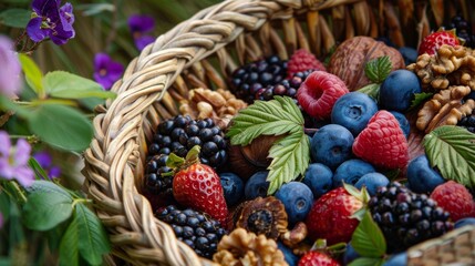 Poster - A woven basket b with freshly picked berries and nuts adding a burst of natural sweetness to the meal.