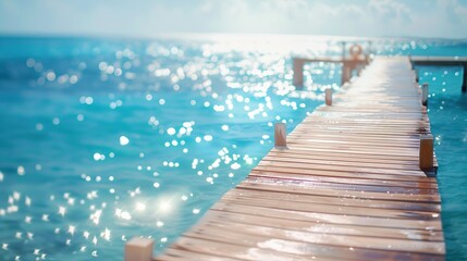 Wall Mural - Wooden pier with blue sea view and bright, soft sunlight in the background