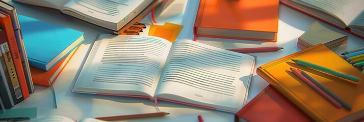 Fototapete - A clean and organized desk with open textbooks, notebooks, pens, and pencils. The scene is perfect for educational purposes. Generative AI