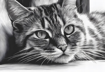 Wall Mural - Black and white illustration of a cat with detailed fur, expressive eyes and a calm expression.