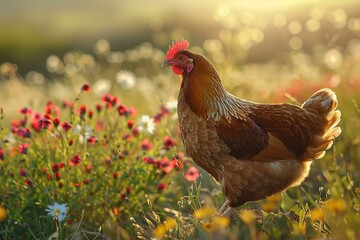 Wall Mural - Beautiful brown hen enjoying a field of wildflowers at sunset