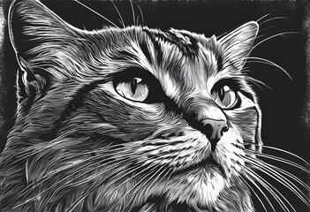 Wall Mural - Black and white illustration of a cat with detailed fur, expressive eyes and a calm expression.