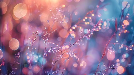 Sticker - Vivid macro photography of a field of flowers filled with dew against a backdrop of soft, warm and hazy morning light. The image has a sense of peace and tranquility