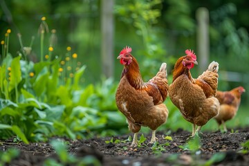 Poster - Three brown hens standing and walking on the ground in a lush green garden