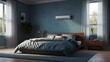 © Hashim - Modern bedroom with air conditioner on top of bed with cool blue mist floating. AI generated