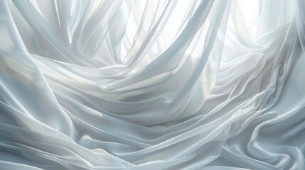 Wall Mural - An abstract background with soft white light filtering through elegant, transparent curtains, creating a luxurious and modern backdrop with flowing waves.