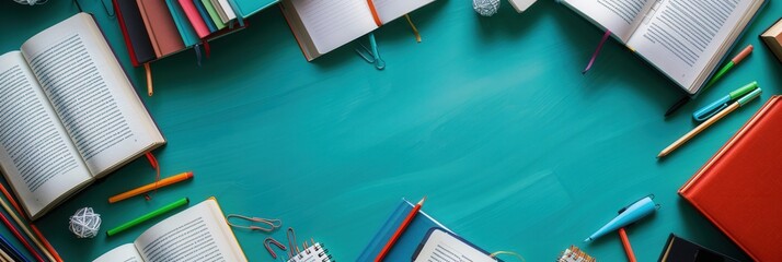 Aufkleber - A clean and organized desk with open textbooks, notebooks, pens, and pencils, showcasing a learning environment perfect for tutoring services and educational centers. Generative AI