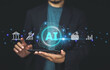 © Suriyo - Businessman use AI technology for investment optimizes decision-making processes, leveraging data analytics to forecast market trends and enhance portfolio management strategies.