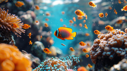 Wall Mural - A school of fish swims in a coral reef with a large orange fish in the middle. The fish are of various sizes and colors, creating a vibrant and lively scene