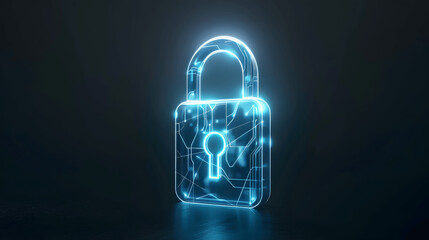 Digital padlock with glowing blue outline on dark background