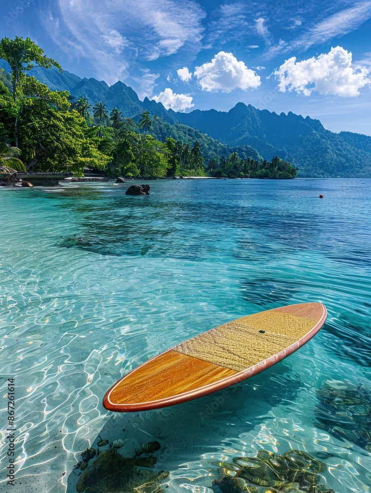 Beautiful brightly colored sup board floating in clear blue water on ...