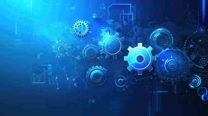 Abstract design with gears, cogs, and financial icons on a blue background.