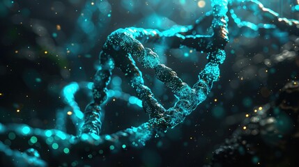 Abstract DNA strand with glowing blue and green elements on a dark background.