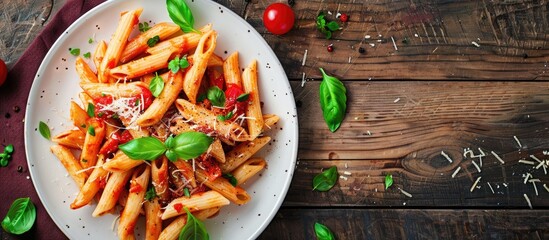 Wall Mural - Plate of Penne All'arrabbiata Pasta From Above with Room for Text