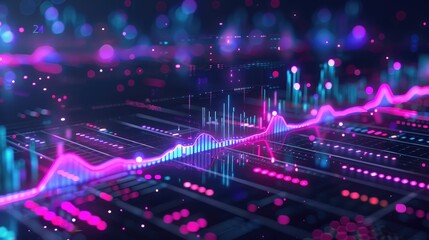 Abstract financial dashboard with dynamic charts and glowing numbers.