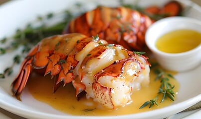 Wall Mural - Champagne-Poached Lobster meat with Cognac Butter Sauce, Generative AI