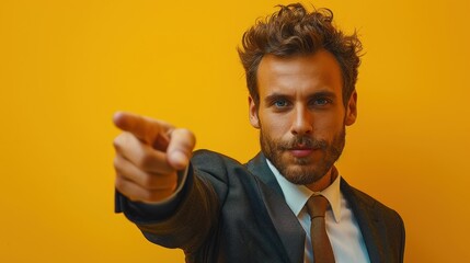 Wall Mural - A man in a suit pointing to something on a yellow background
