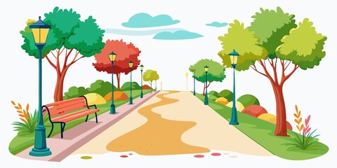 Wall Mural - street, benches, watercolor, Isolated watercolor street with benches and trees on white background