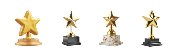 collection of award trophy gold star 3d cartoons style on transparency background png