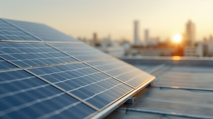 Canvas Print - Close-Up of Solar Panels on Rooftop. Close-up of solar panels on a rooftop, capturing sunlight to generate electricity with a cityscape in the background.