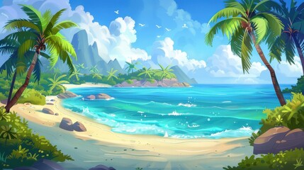 Wall Mural - Idyllic Tropical Beach Scene with Palm Trees, Blue Water, and Sunny Sky.  Paradise Island Getaway Concept