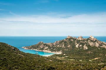 Sticker - Yachts in the bay at Roccapina beach on the south west coast of Corsica overlooked by the Genoese Tour de Roccapina and Lion of Roccapina, a rocky outcrop in the shape of a lion