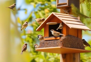 A wooden bird feeder with a group of sparrows perched on top