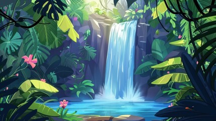 Wall Mural - Tropical Waterfall Paradise. Lush Green Jungle Landscape