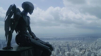 Wall Mural - Sleek robotic figure with wing-like structures perched on skyscraper edge. Intricate black metallic body in contemplative pose. Vast urban landscape stretches below under cloudy sky. 