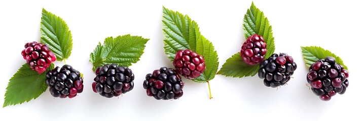 Wall Mural - Blackberries with Green Leaves on a White Background - Realistic Image