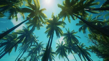 Wall Mural - the grandeur of the coconut palms as you look up from the sandy shores, their towering forms reaching towards the heavens, a testament to the beauty and resilience of nature.