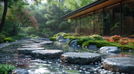 Wall Mural - Discover a Zen-inspired haven, where stepping stones traverse a clear, shallow stream. The gentle murmur of water and vibrant greenery create a tranquil atmosphere, perfect for connecting with nature.