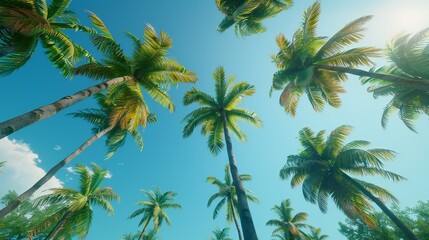 Wall Mural - the tropical ambiance of the beach, where the towering coconut palms stand tall and proud, their verdant fronds reaching towards the sky like nature's own skyscrapers.