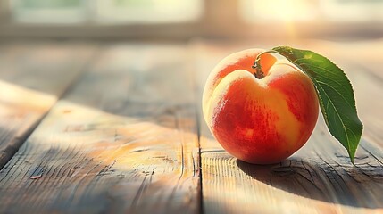 Poster - A Single Peach on a Rustic Wooden Table - Photography