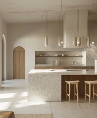 Poster - Corner of modern kitchen with white and wooden walls, concrete floor, white countertops with built in sink and cooker