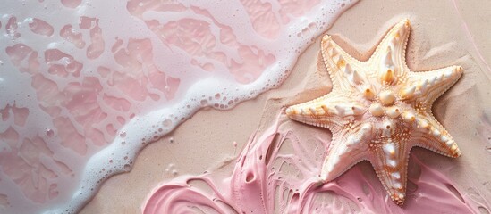 Wall Mural - Starfish and soft pink seashell lying on the sandy shore. Idea of vacation, travel, and beach with empty space for text.