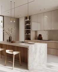 Wall Mural - Corner of modern kitchen with white and wooden walls, concrete floor, white countertops with built in sink and cooker