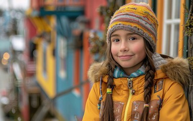 Wall Mural - A young girl with long brown braids smiles while wearing a colorful winter jacket and a knitted hat. The background is a vibrant, colorful building