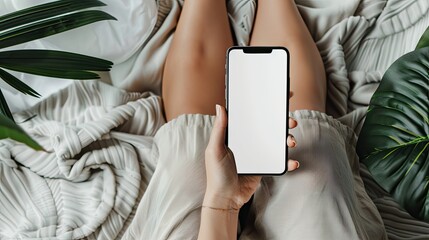 Mockup a person hands holding a smartphone with blank white screen while sitting on the floor at home