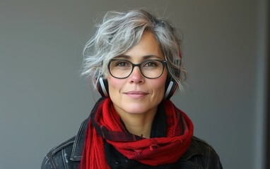 Wall Mural - A woman with gray hair, wearing glasses and a red scarf, looks directly at the camera while wearing headphones