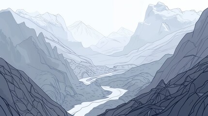 Wall Mural - Serene Mountain Valley Landscape. Artistic Illustration in Blue Tones