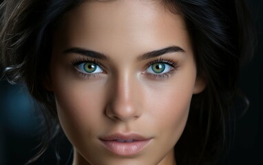 Wall Mural - A close up portrait of a young woman with dark hair and striking blue eyes looking directly at the camera