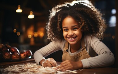 A young girl smiles while baking in the kitchen. Her hands are covered in flour as she works on her project
