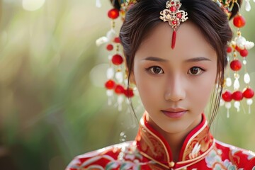 Wall Mural - Beautiful asian bride wearing traditional red dress and headpiece posing outdoor