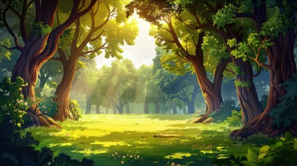 Wall Mural - Beautiful Forest Clearing with Sunlight, Serene Green Landscape Illustration