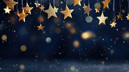Wall Mural - Abstract navy background and gold shine stars. New year, Christmas background with gold stars and sparkling. Christmas Golden light shine particles bokeh on navy background. generative ai