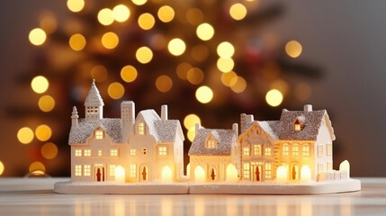 Wall Mural - Small illuminated miniature village toy on bokeh Christmas table with candles. Cute Christmas small town with snowy houses. Christmas Holidays. Christmas Card., generative ai