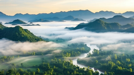 Foggy landscape in the jungle. Fog and cloud mountain tropic valley landscape. aerial view, generative ai