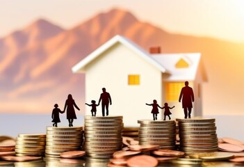 A parent with two children standing on a pile of coins with a model house in the background